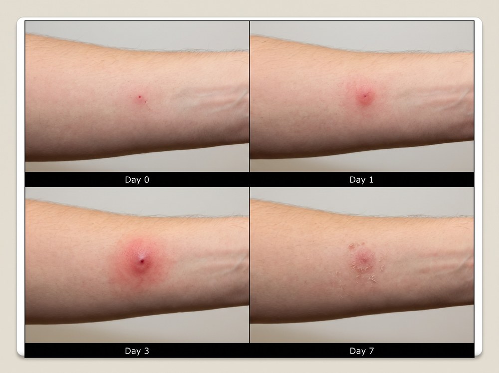 Four panel photo progression of a healing spider bite mark from day zero through day seven showing fading redness